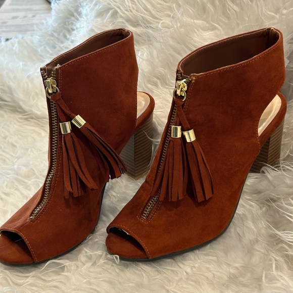 Qupid Shoes - Qupid Women’s Brown Booties Faux Suede Boots Open Toe Tassels Stacked Heel 6